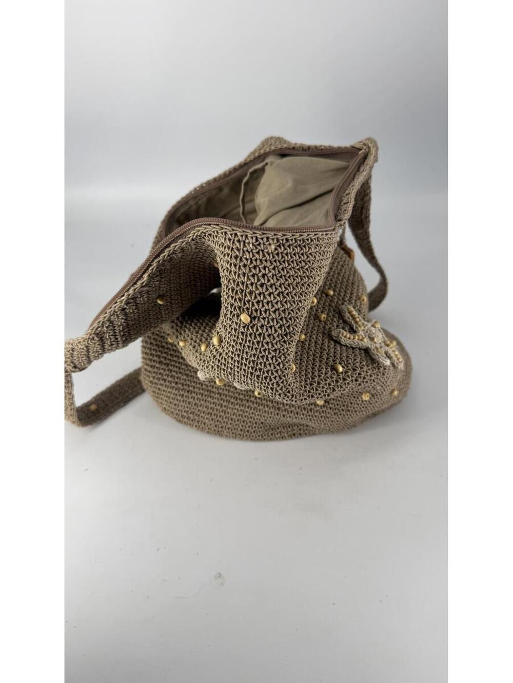 Etienne Aigner Starfish Beige Crochet Shoulder Bag with Gold Studs Beach